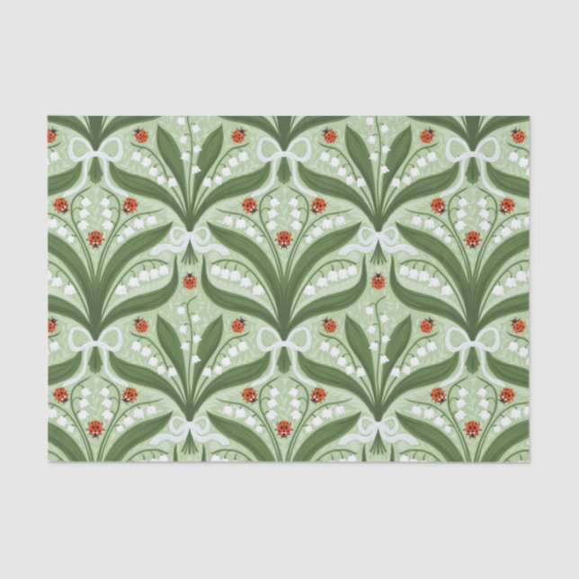 Papel De Seda Lily del valle y la simetría de ladybugs en verde, (Anverso)