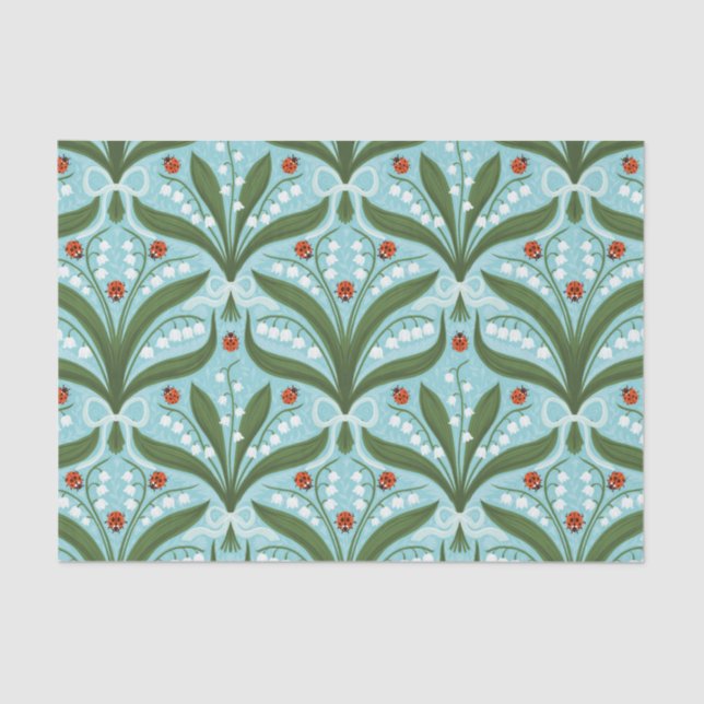 Papel De Seda Lily del valle y la simetría de ladybugs en verde, (Anverso)