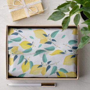 Papel De Seda Limones amarillos, flores blancas y patrón de hoja