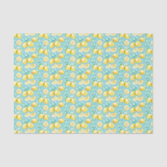 Papel De Seda Limones Amarillos sobre Azul Claro (Anverso)