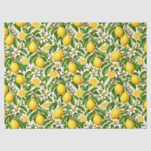 Papel De Seda Limones botánicos y flores blancas