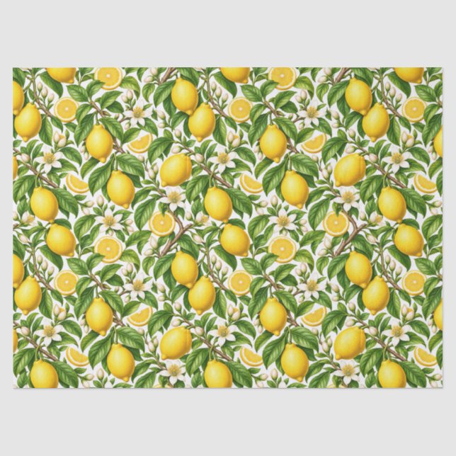 Papel De Seda Limones botánicos y flores blancas (Anverso)