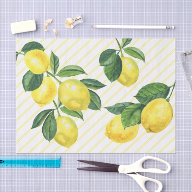 Papel De Seda Limones de campo rústicos frescos pinstripes acuát (Artesanía)