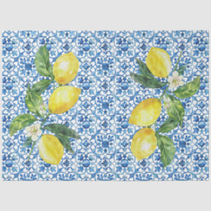 Papel De Seda Limones Italianos Baldosa Blanca Azul Decoupage 