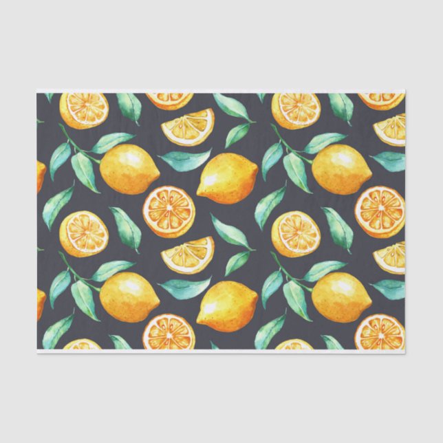 Papel De Seda Limones Naranjas Hojas Verdes sobre Negro (Anverso)