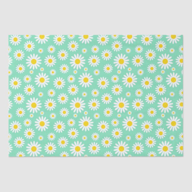 Papel De Seda Lindas Margaritas Blancas de Primavera sobre Verde (Anverso)