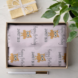 Papel De Seda Lindo búho naranja feliz cumpleaños sobre rosa