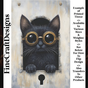 Papel De Seda Lindo Gatito Negro Steampunk Espiando AP4 Decoupag