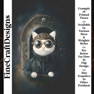 Papel De Seda Lindo Gato Steampunk Dieselpunk Blanco Decoupage A