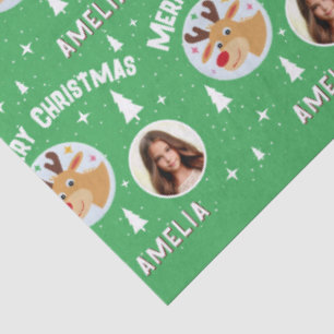 Papel De Seda Lindo Reno Verde Nombre del Niño Foto Navidad