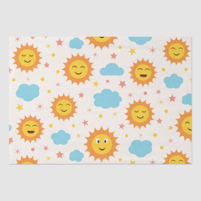 Papel De Seda Lindo sol sonriente con nubes y estrellas (Anverso)