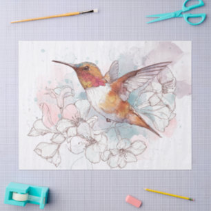 Papel De Seda Línea floral de colibrí acuarela