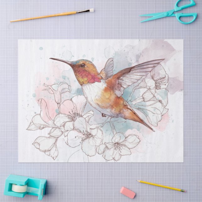 Papel De Seda Línea floral de colibrí acuarela (Artesanía)