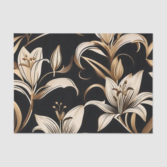 Papel De Seda Lirio Dorado Moderno Sobre Negro (Anverso)