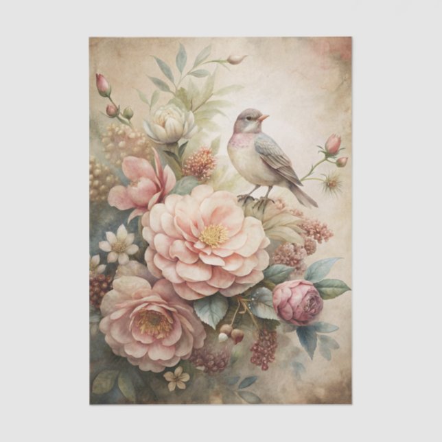 Papel De Seda Little Bird Perched on Pretty Floral Bouquet (Anverso)