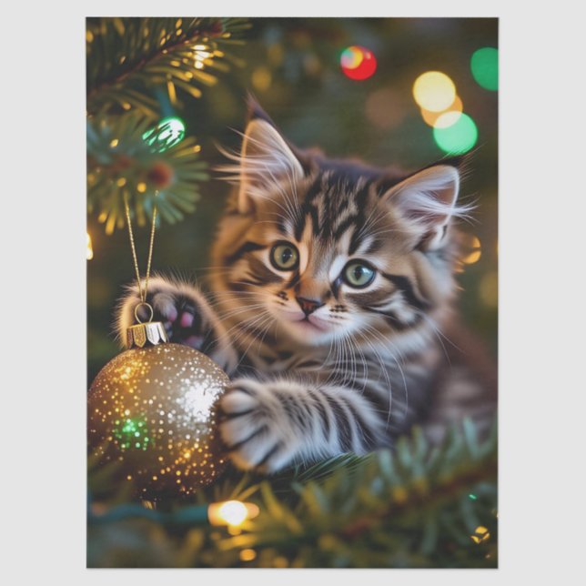 Papel De Seda Little Kitten on Christmas Tree   (Anverso)