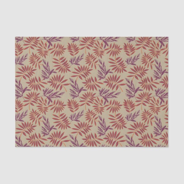 Papel De Seda Lively Red and Purple Leaf Motifs on Neutral Beige (Anverso)
