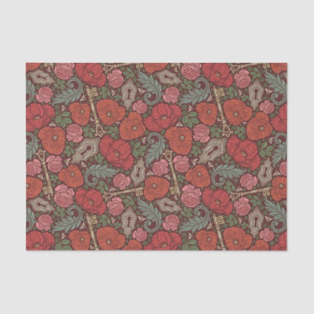 Papel De Seda Llave Antigua Steampunk Victoriana con Amapolas Ro (Anverso)