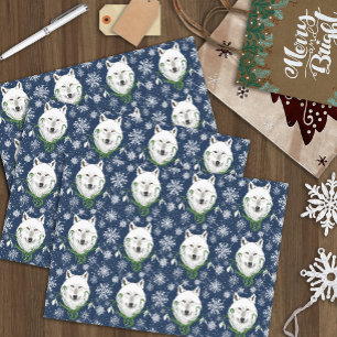 Papel De Seda Lobo Ártico Blanco Místico Flor de Invierno Azul