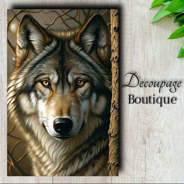 Papel De Seda Lobo de Ojos Ámbar Bosque Mirada Decoupage (Amber Gaze Decoupage Tissue Paper)
