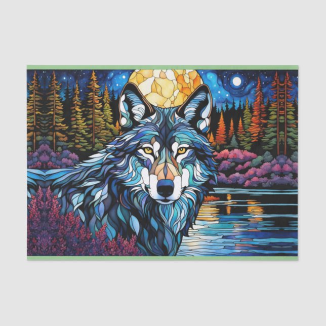 Papel De Seda Lobo gris en el bosque de vidrio manchado (Anverso)