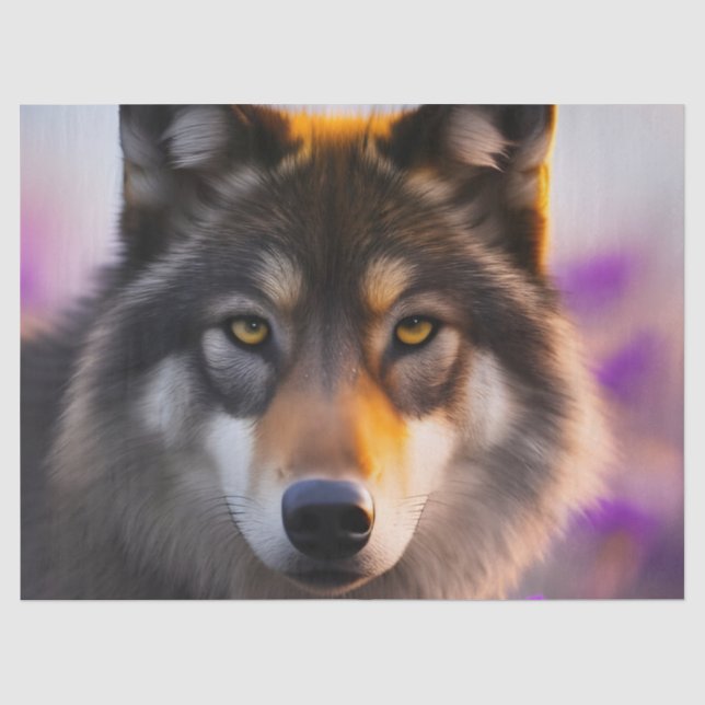 Papel De Seda Lobo gris en flores púrpura (Anverso)