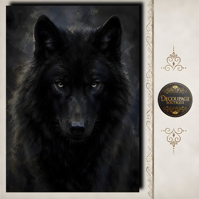 Papel De Seda Lobo Negro Mirada Intensa Decoupage (Black Wolf Intense Gaze Decoupage Tissue Paper)