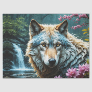 Papel De Seda Lobo parado en un río con flores