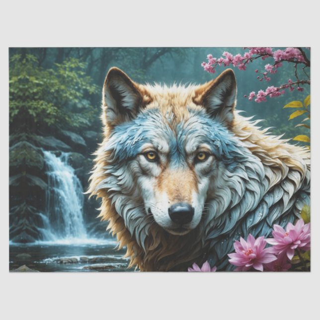 Papel De Seda Lobo parado en un río con flores (Anverso)
