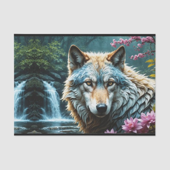Papel De Seda Lobo parado en un río con flores (Anverso)