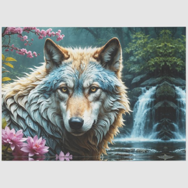 Papel De Seda Lobo parado en un río con flores (Anverso)