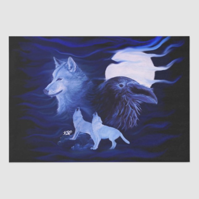 Papel De Seda Lobos y Raven con luna llena (Anverso)
