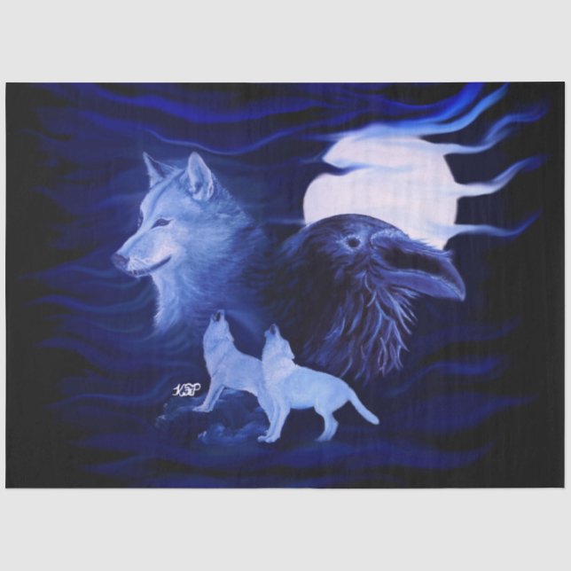 Papel De Seda Lobos y Raven con luna llena (Anverso)
