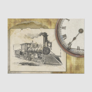 Papel De Seda Locomotora Vintage y Reloj Antiguo