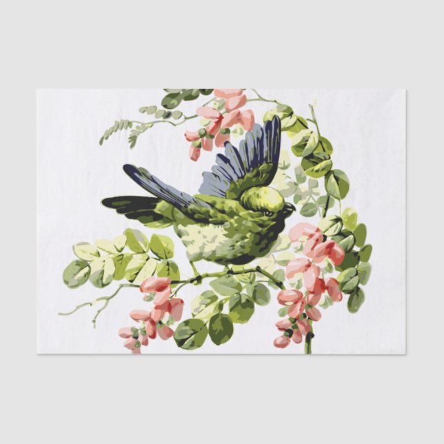 Papel De Seda Loro joven y encantador en árbol floreciente (Anverso)