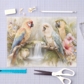 Papel De Seda Loros Tropicales Decoupage de Cascada