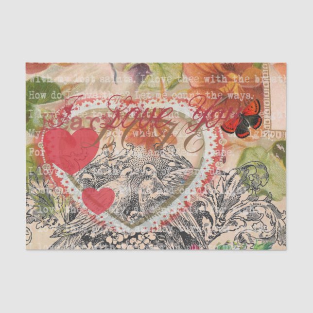 Papel De Seda Love Birds Heart Red Art Collage (Anverso)