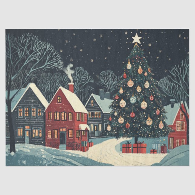 Papel De Seda Luces brillantes en casas nevadas (Anverso)