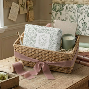 Papel De Seda Lujo Toile Francés Verde Salvia Cresta Monograma A
