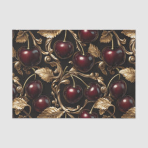 Papel De Seda Lujoso patrón de cerezas y dorado barroco sin foco