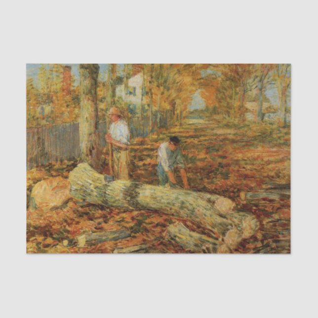Papel De Seda Lumberjacks Cutting Wood (por Childe Hassam) (Anverso)