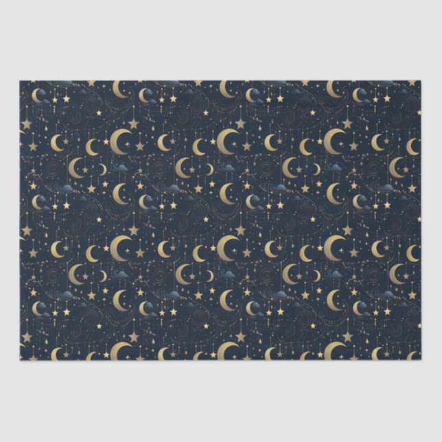 Papel De Seda Luna azul y dorada y estrellas (Anverso)