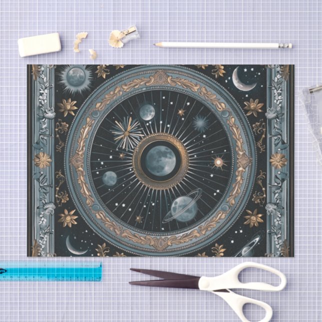 Papel De Seda Luna Celestial Órbita Dorada con Astral Detallado (Artesanía)