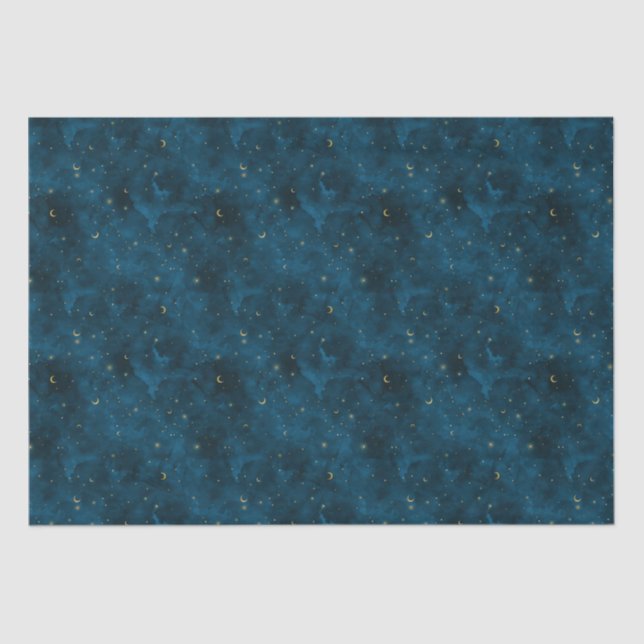 Papel De Seda Luna Crescent Noche Celestial Azul y Oro Starry (Anverso)