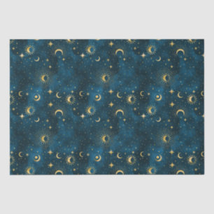 Papel De Seda Luna Crescent Noche Celestial Azul y Oro Starry