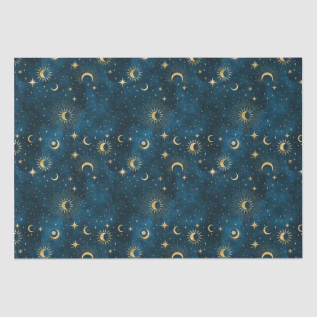 Papel De Seda Luna Crescent Noche Celestial Azul y Oro Starry (Anverso)