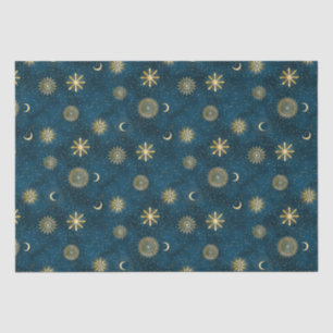 Papel De Seda Luna Crescent Noche Celestial Azul y Oro Starry