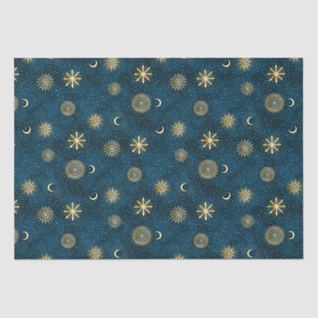Papel De Seda Luna Crescent Noche Celestial Azul y Oro Starry (Anverso)