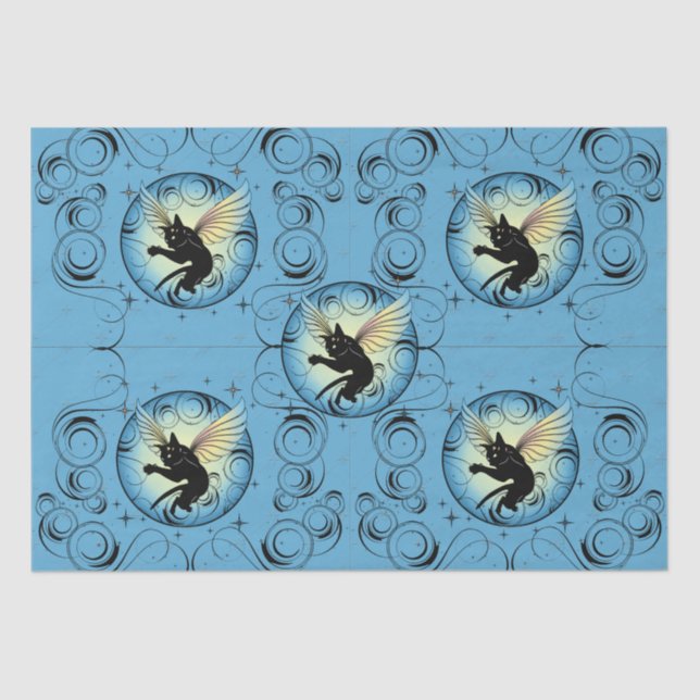 Papel De Seda Luna de gato cósmico y estrellas (Anverso)