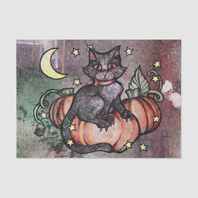 Papel De Seda Luna de parche de calabaza para gato negro (Anverso)